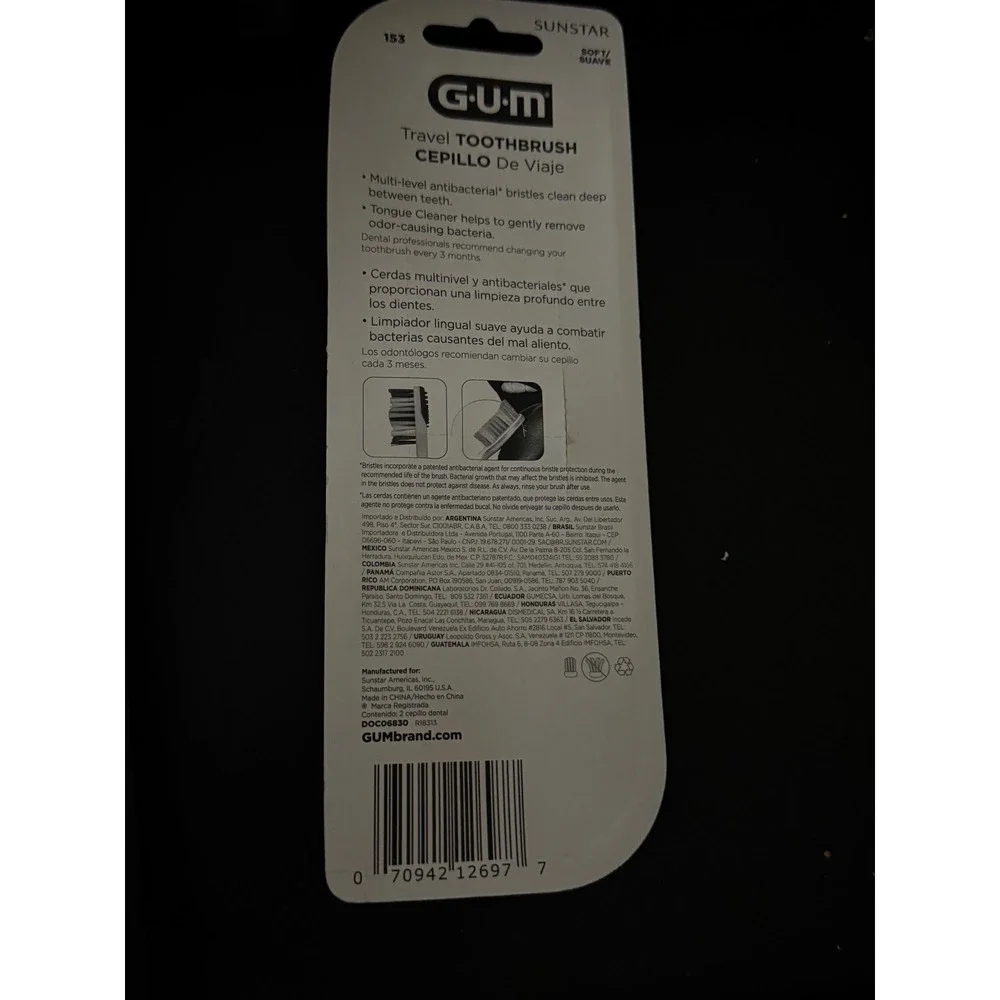 GUM Folding Travel Toothbrush‎ Soft Bristles Compact Head Tongue Cleaner 2 Pack